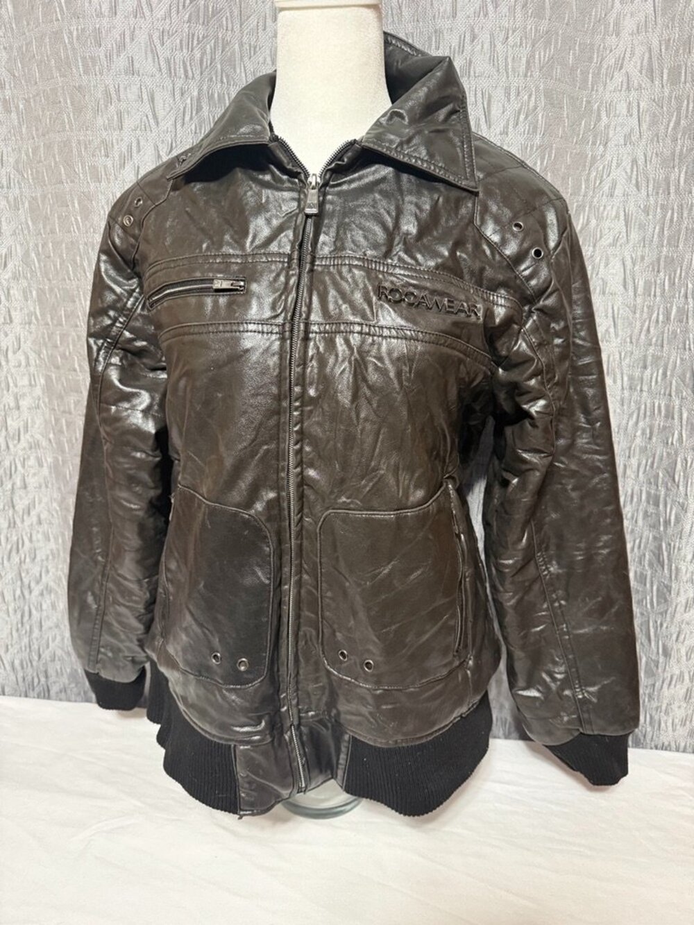 Vintage Y2K Rocawear Women's Faux Leather Bomber Jacket Charcoal Black Medium